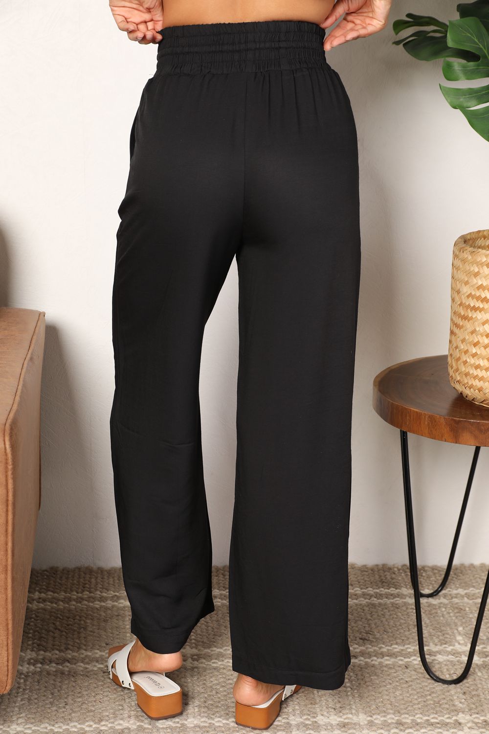 Women's Smocked Waist Wide Leg Pants (Double Take Drawstring Style)