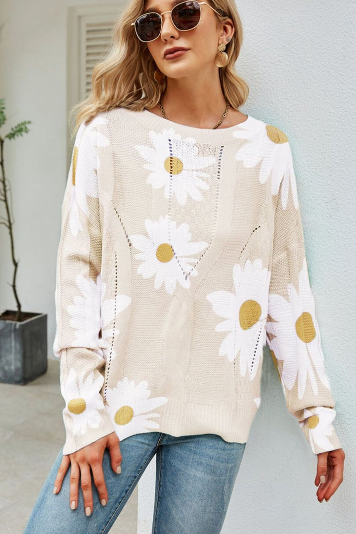 Women's Openwork Floral Daisy Print Round Neck Sweater