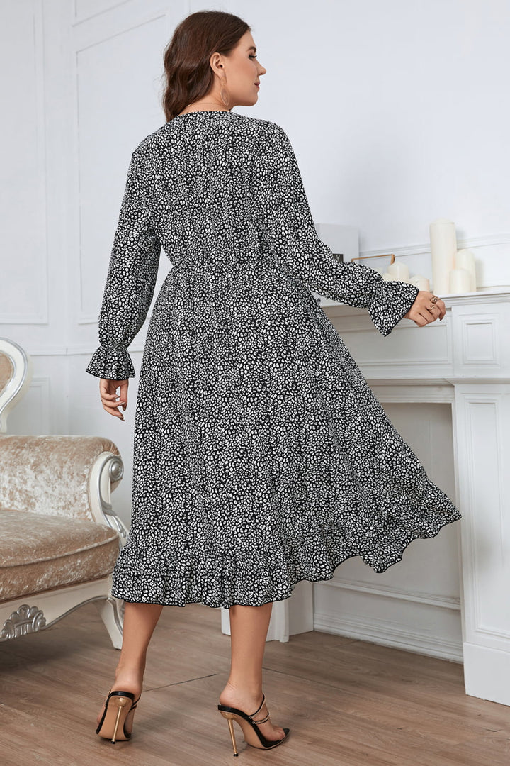 Melo Apparel Plus Size Printed V-Neck Flounce Sleeve Midi Dress