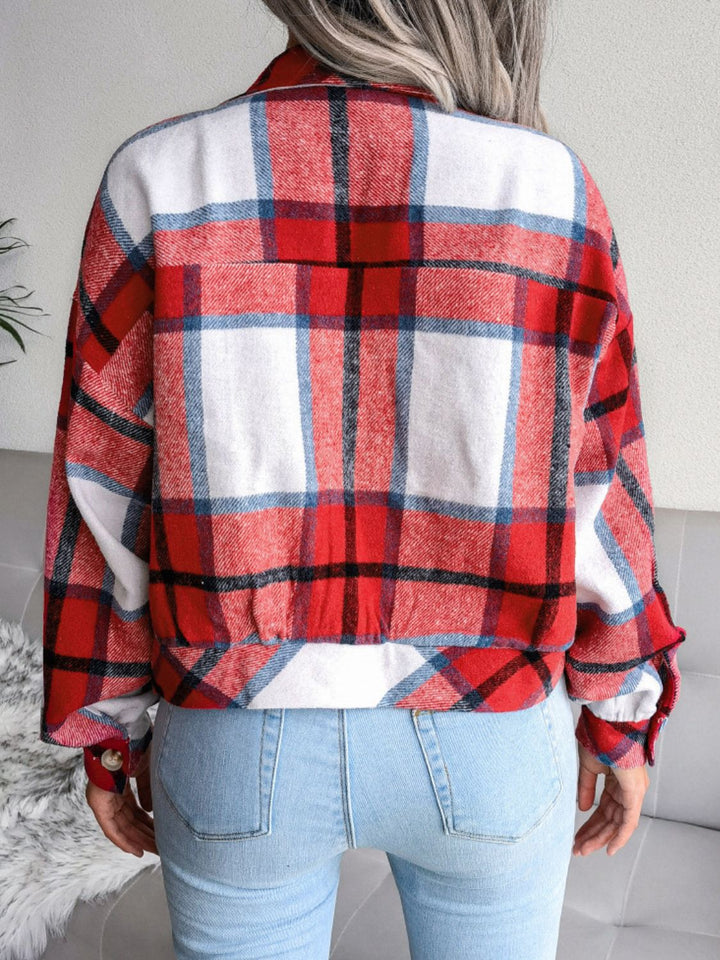 Women's Plaid Drop Shoulder Collared Jacket