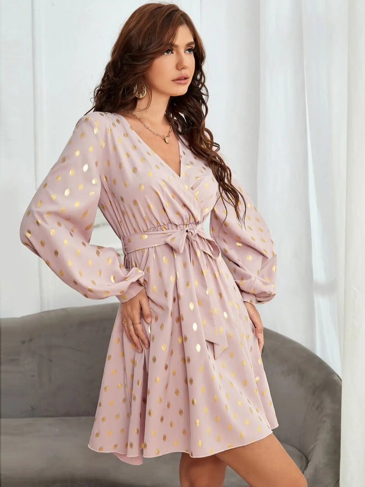 Women's Long Sleeve Surplice Dress with Tied Print