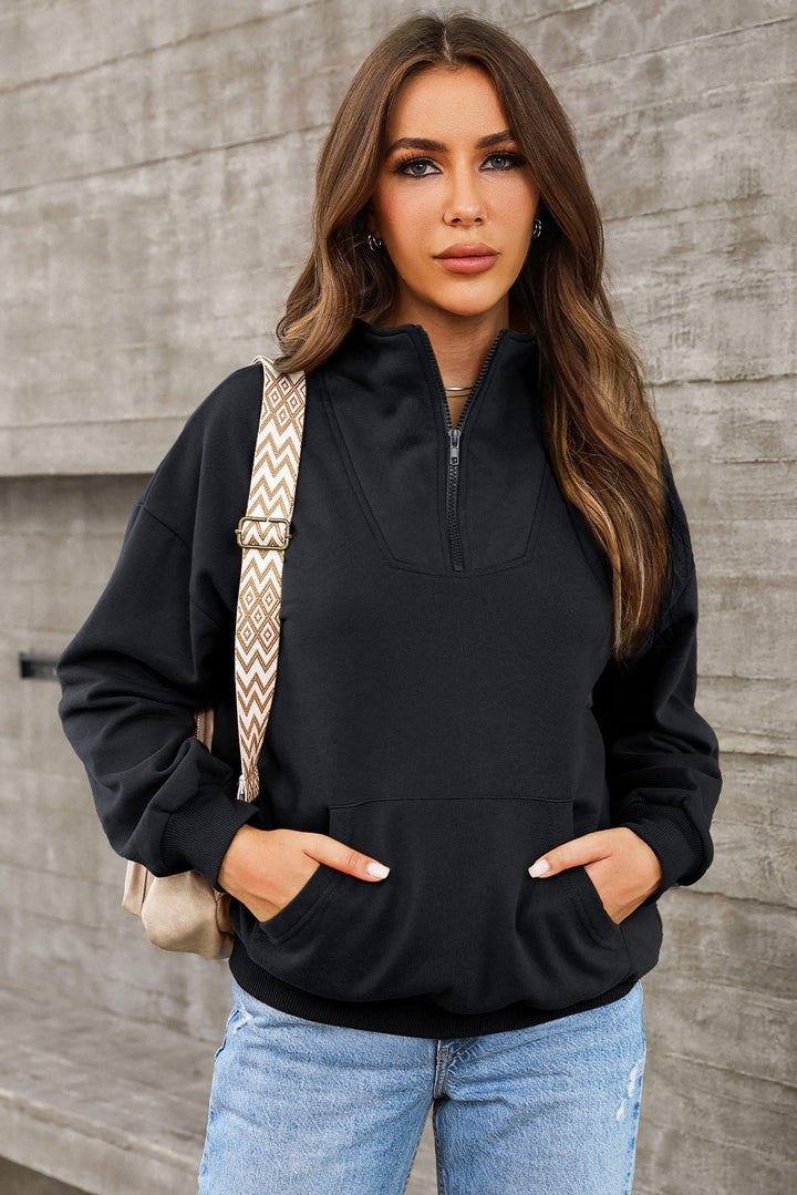 Women's Cozy Half Zip Sweatshirt with Drop Shoulder and Front Pocket