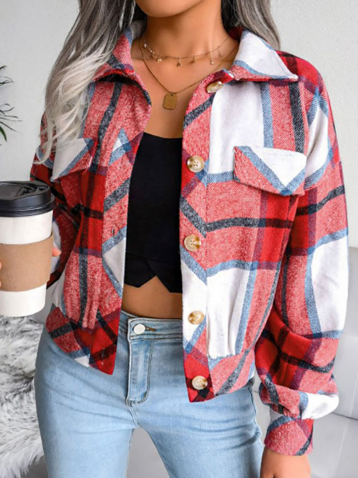 Women's Plaid Drop Shoulder Collared Jacket