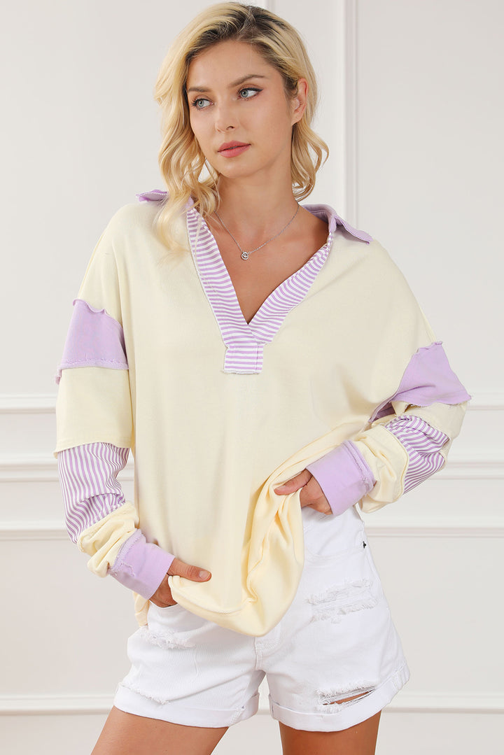 Women's Striped Dropped Shoulder Sweatshirt with Contrast Johnny Collar