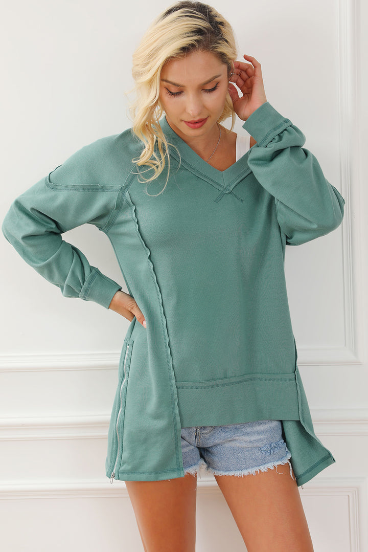 Women's V-Neck Exposed Seam Sweatshirt with Zip Detail