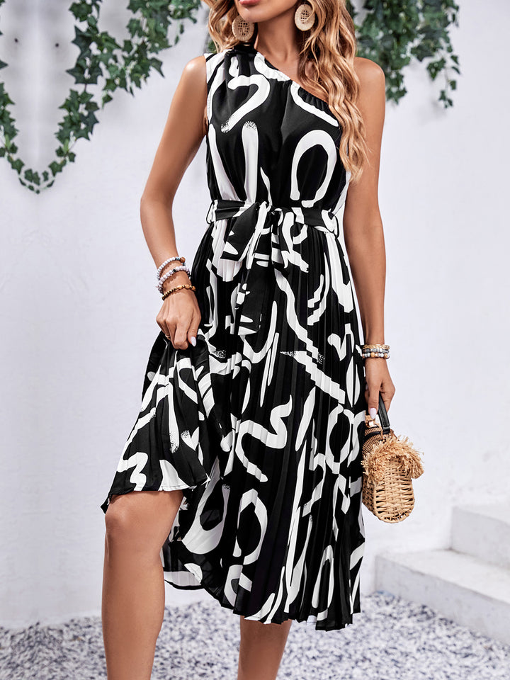 Women's Printed Single Shoulder Tie Waist Dress