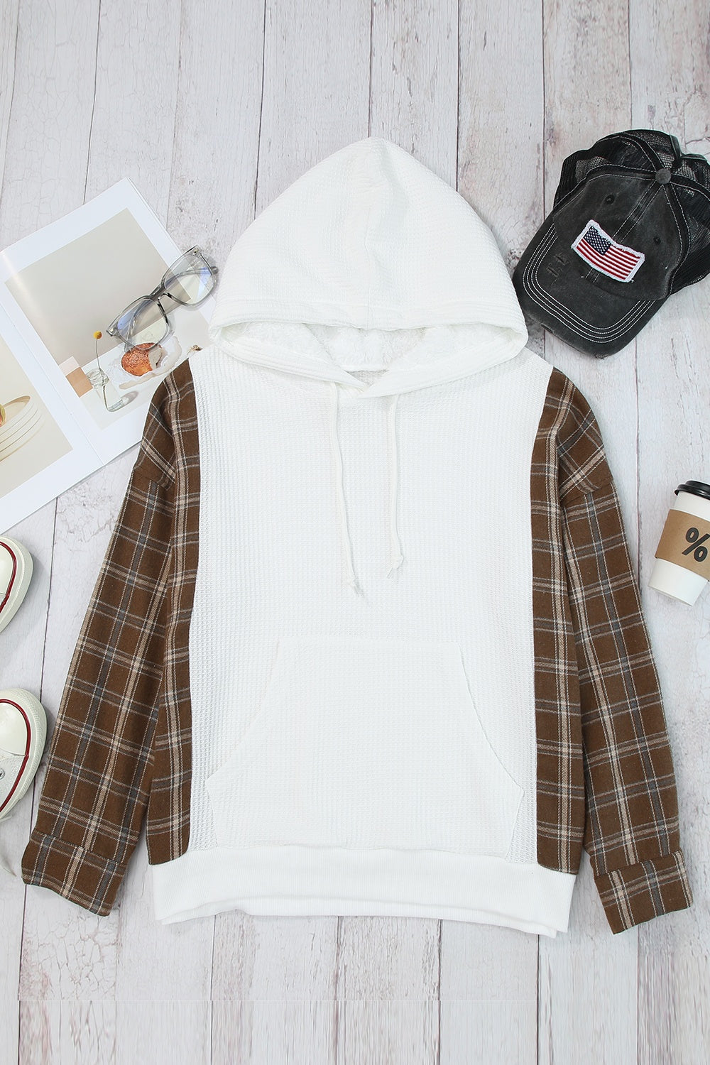 Women's Plaid Waffle-Knit Hoodie with Drawstring and Kangaroo Pocket