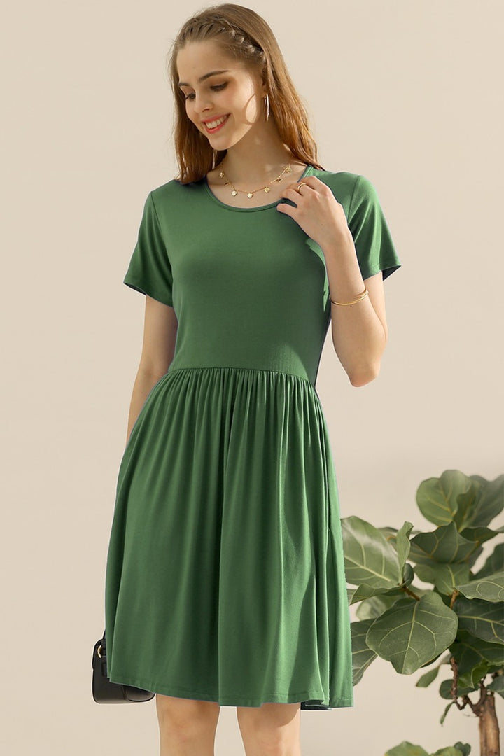 Women's Ruched Round Neck Dress with Pockets