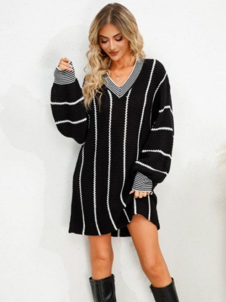 Women's Striped V-Neck Long Sleeve Mini Dress