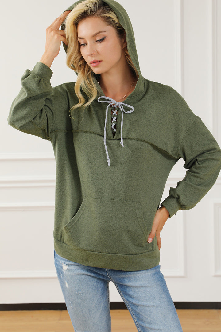 Women's Cozy Lace-Up Hoodie with Exposed Seams and Pocket