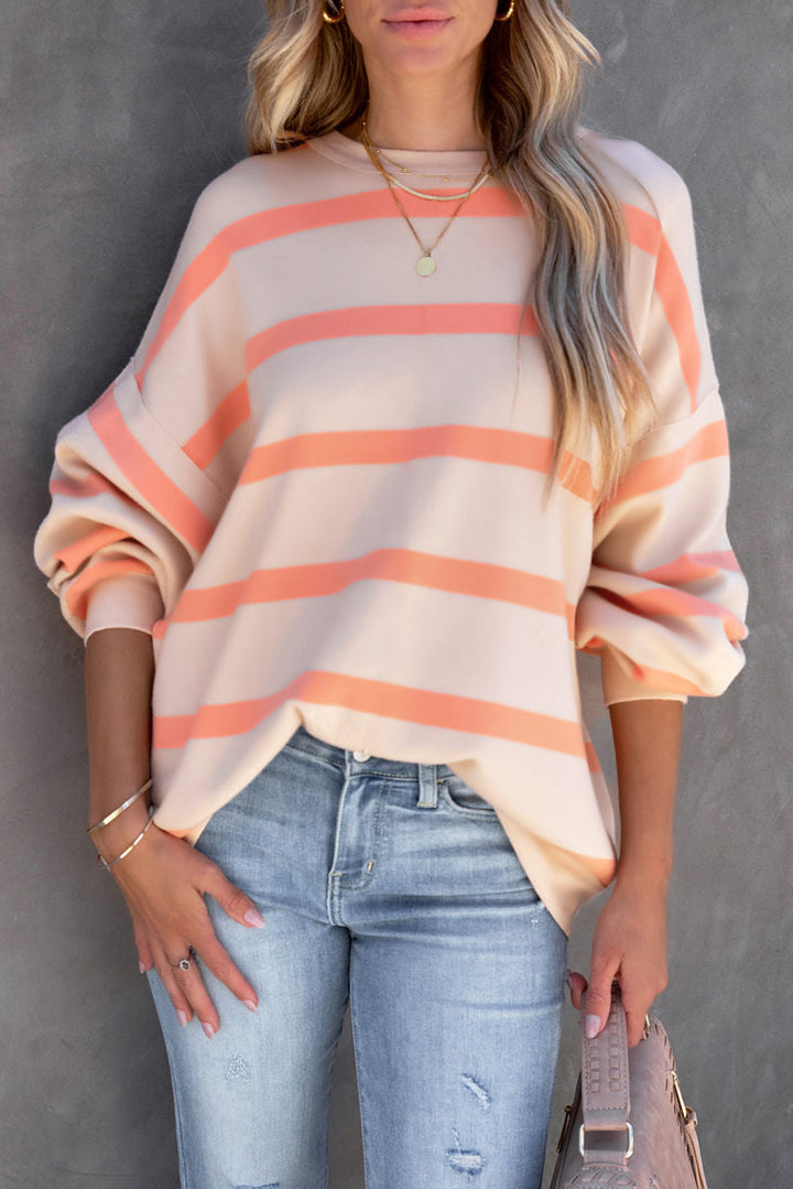 Women's Cozy Striped Round Neck Dropped Shoulder Sweatshirt