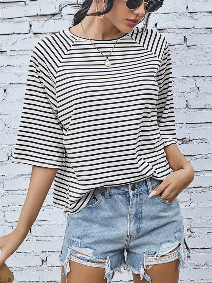 Women's Striped Round Neck Raglan Sleeve T-Shirt