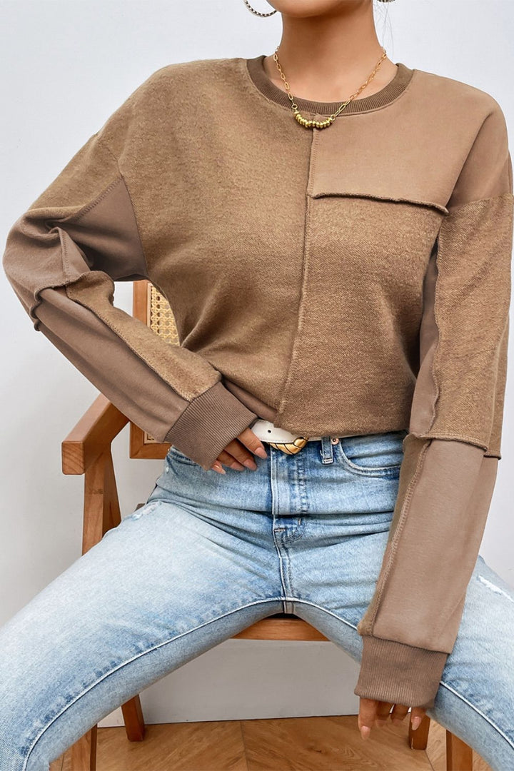 Women's Cozy Round Neck Long Sleeve Sweatshirt with Exposed Seams