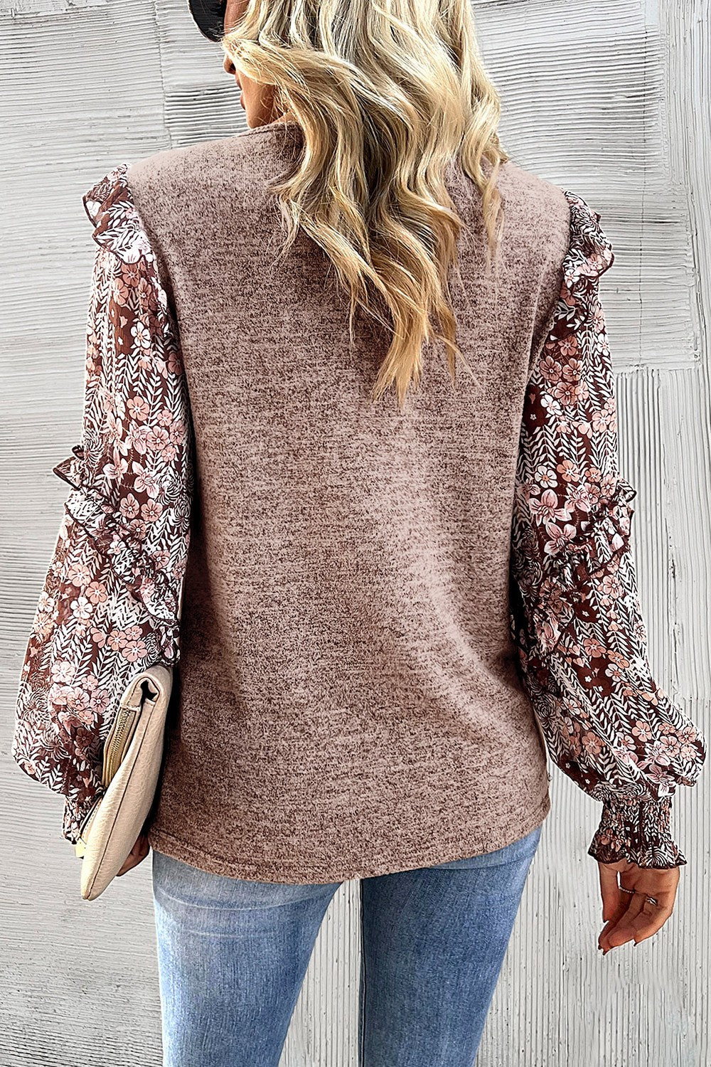 Women's Heathered Floral Frill Lantern Sleeve Blouse