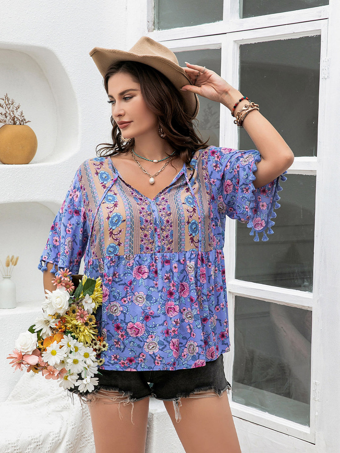 Women's Printed V-Neck Half Sleeve Blouse for Plus Sizes