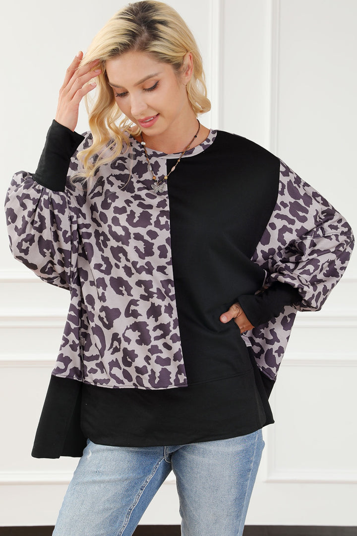 Women's Leopard Print Round Neck Lantern Sleeve Slit Sweatshirt