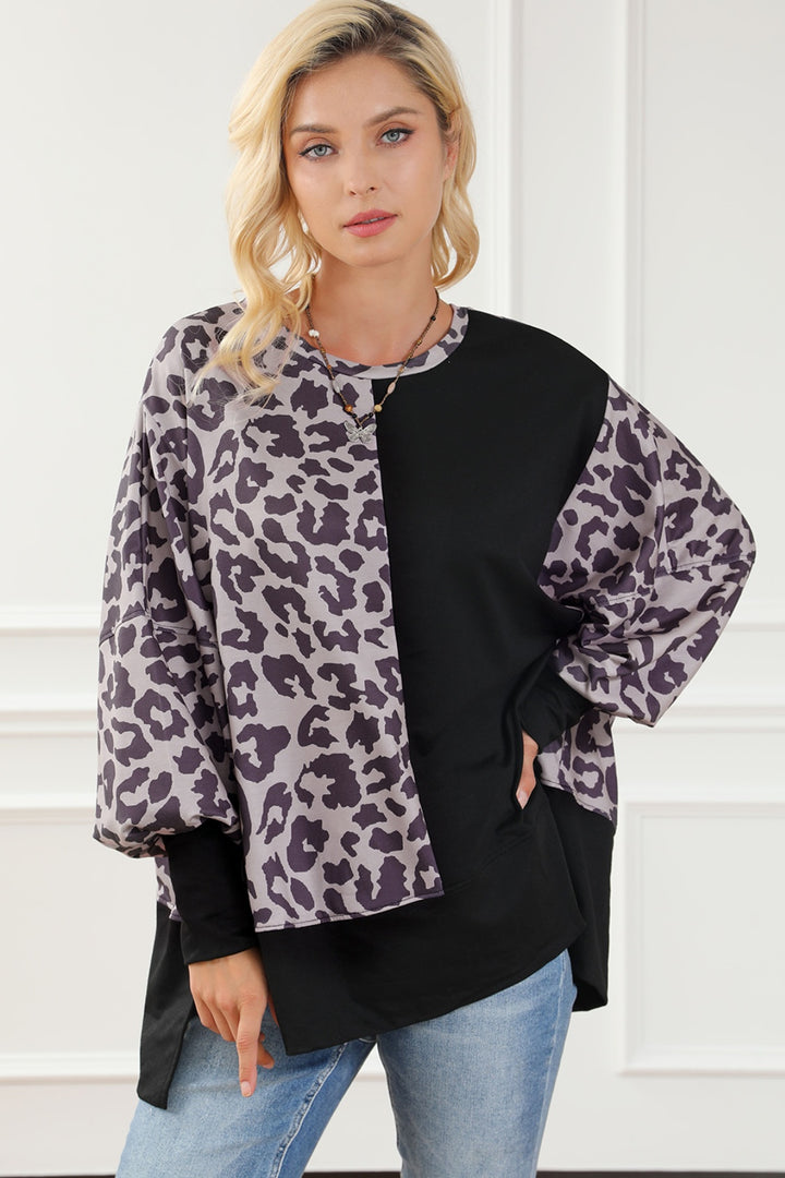 Women's Leopard Print Round Neck Lantern Sleeve Slit Sweatshirt