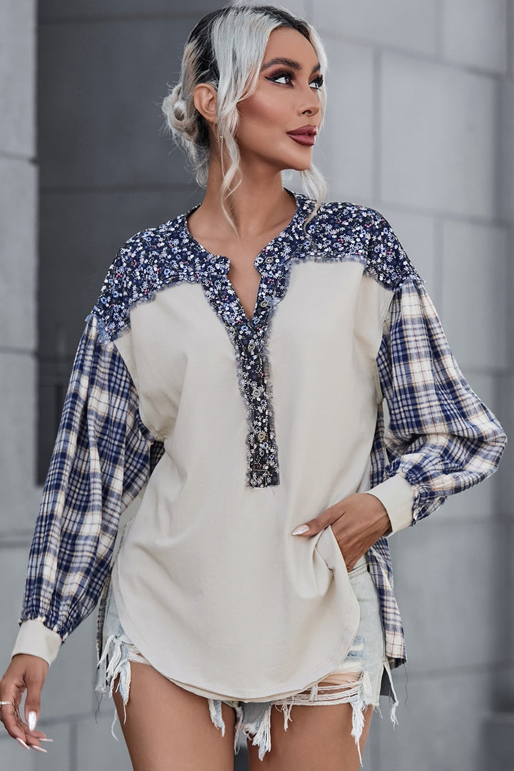 Women's Plaid Notched Neck Slit Blouse