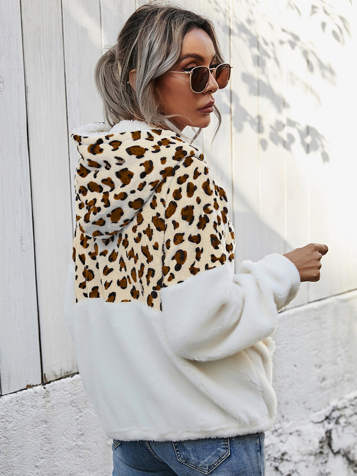 Women's Leopard Print Half-Zip Dropped Shoulder Hoodie