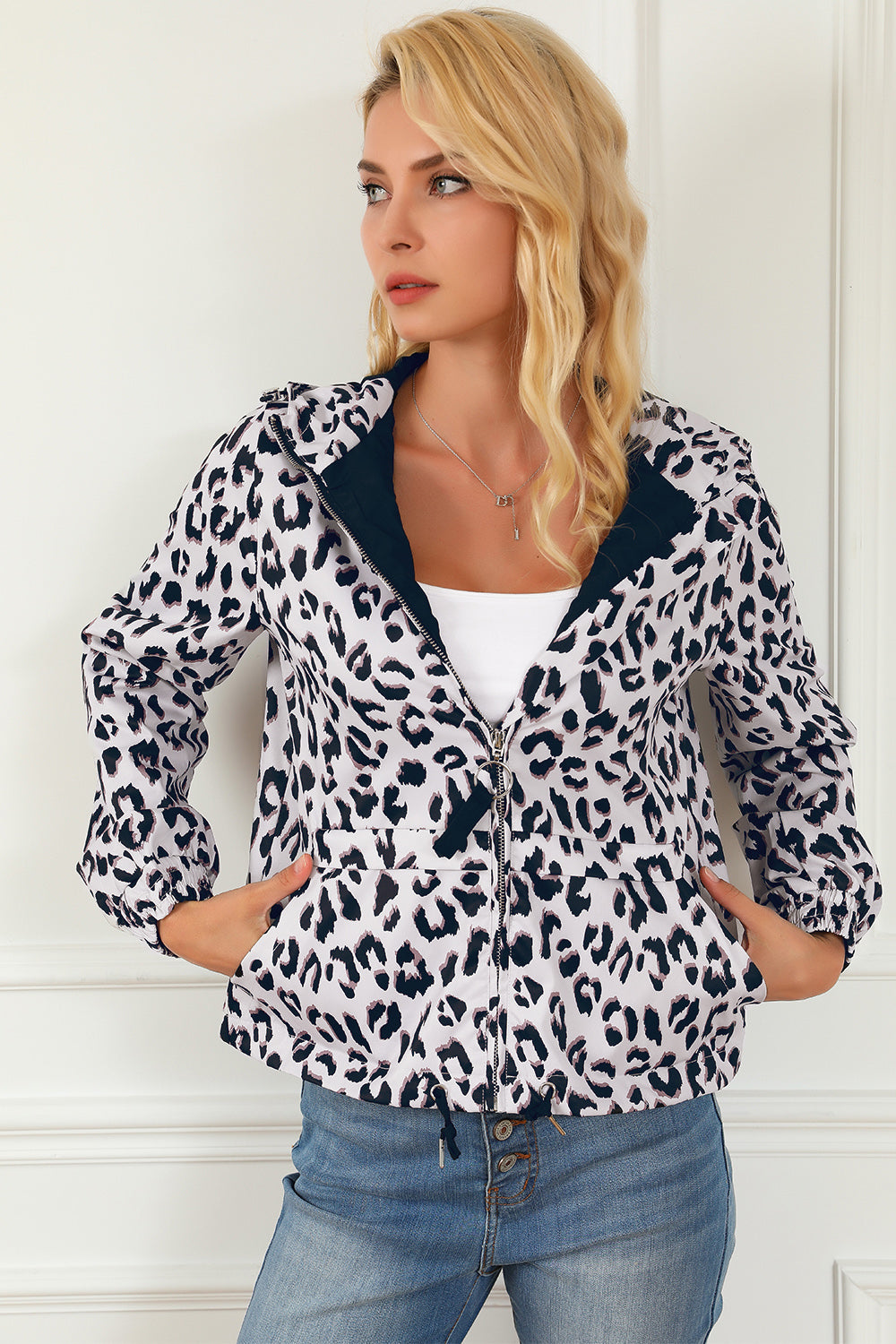 Women's Leopard Print Zip-Up Hooded Jacket