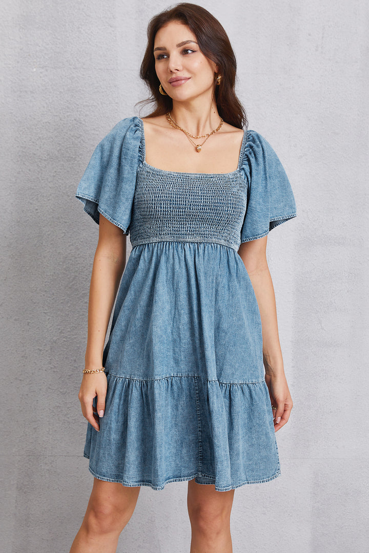 Women's Smocked Square Neck Mini Denim Dress