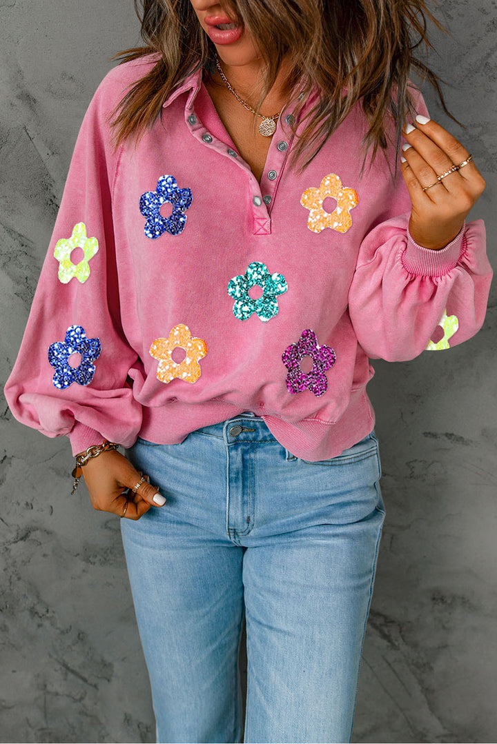 Women's Sparkling Floral Half Snap Lantern Sleeve Sweatshirt