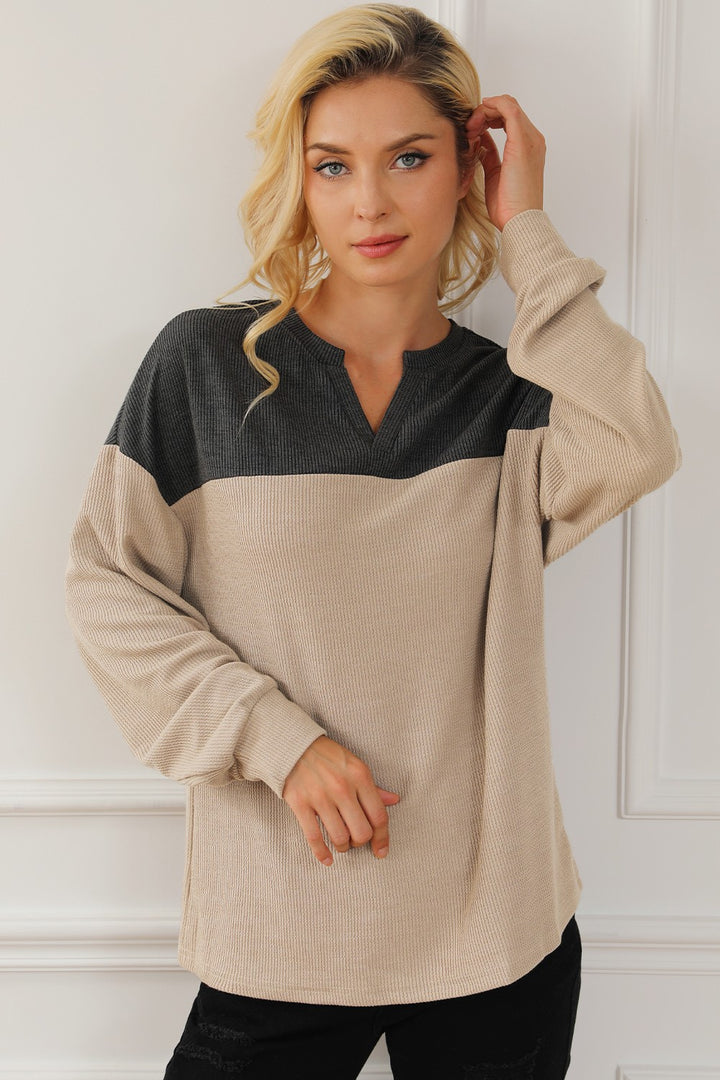 Women's Color Block Notched Long Sleeve Sweatshirt