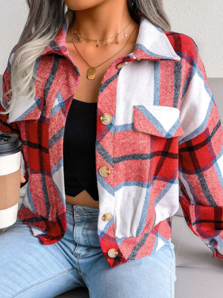 Women's Plaid Drop Shoulder Collared Jacket