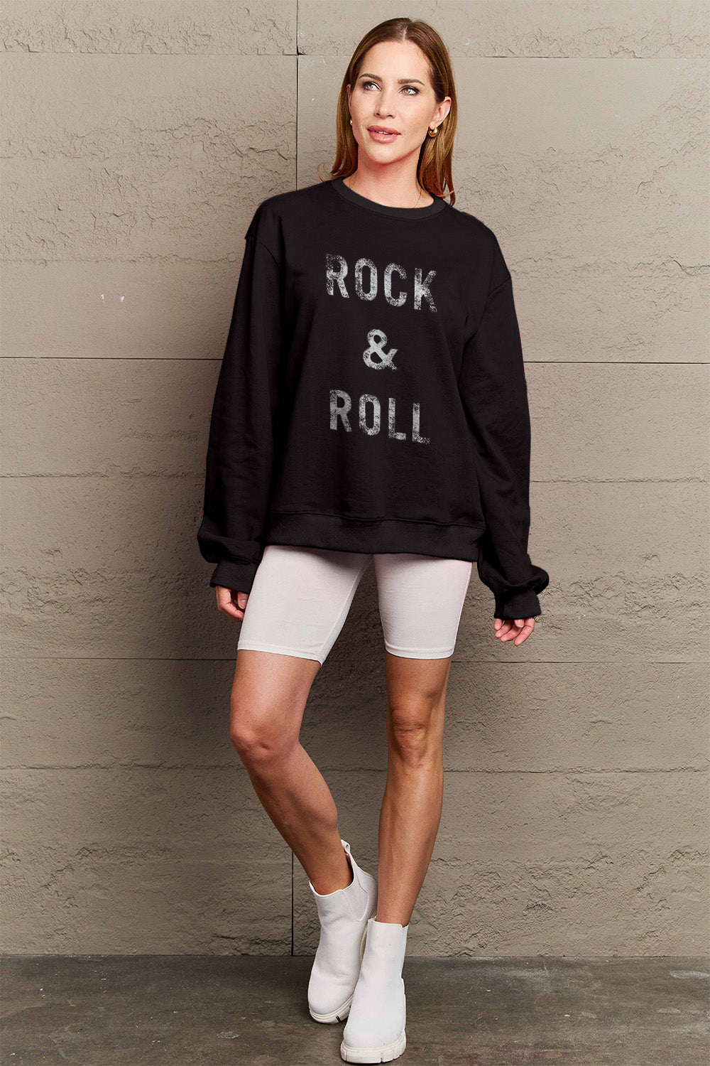 Women's Full Size ROCK & ROLL Round Neck Sweatshirt: Simply Love Edition