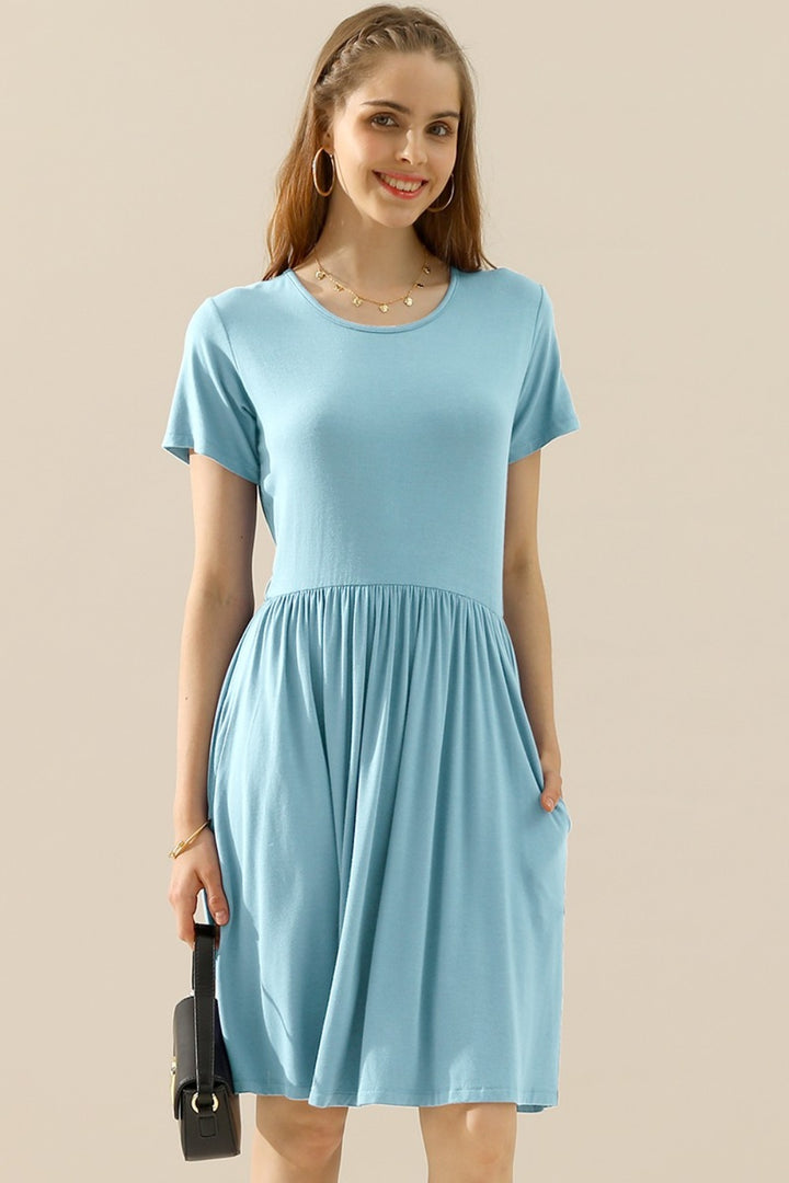 Women's Ruched Round Neck Dress with Pockets