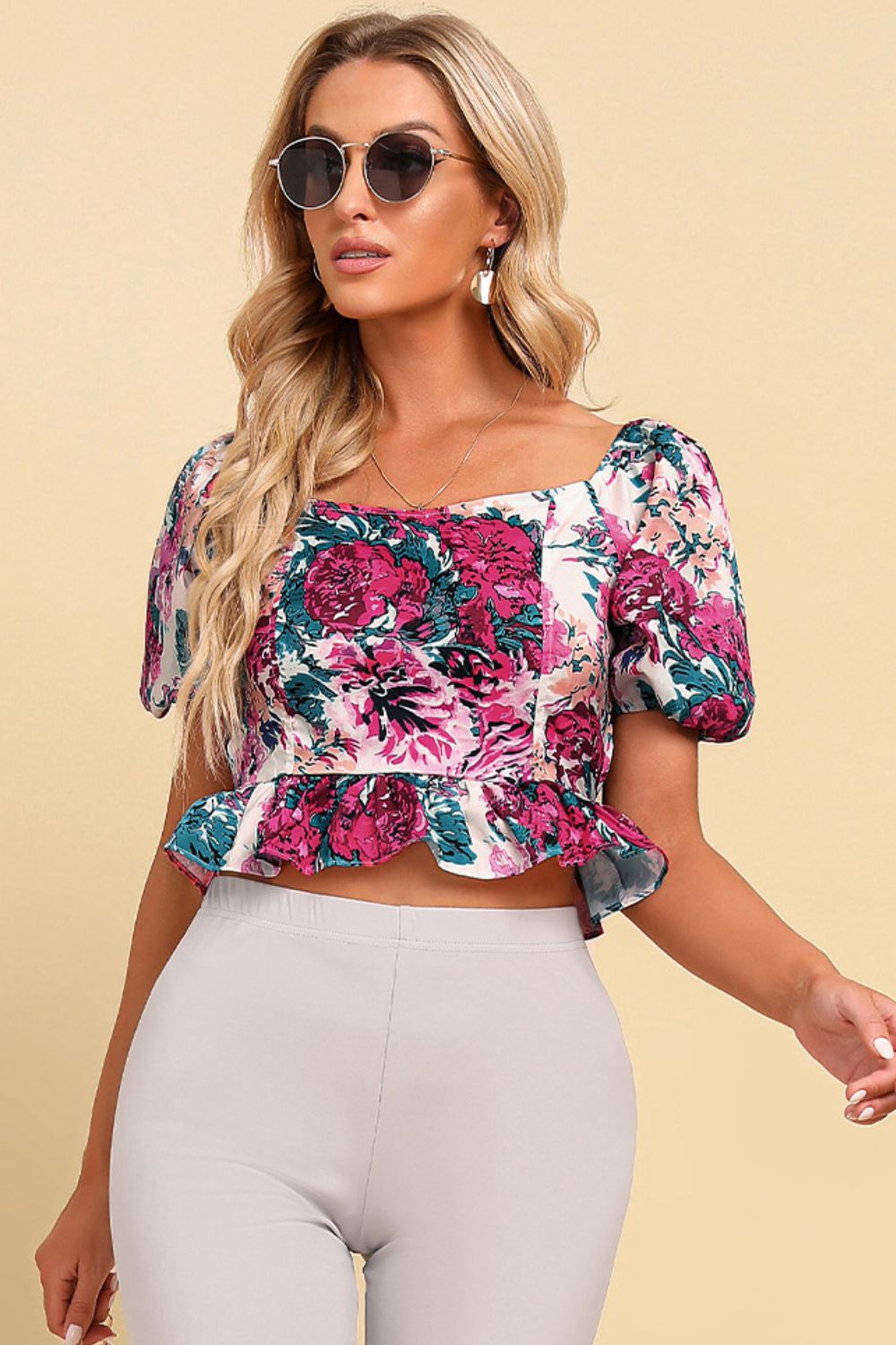 Women's Floral Tied Cropped Peplum Blouse