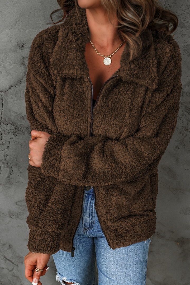 Women's Cozy Teddy Jacket with Zipper Closure and Pockets