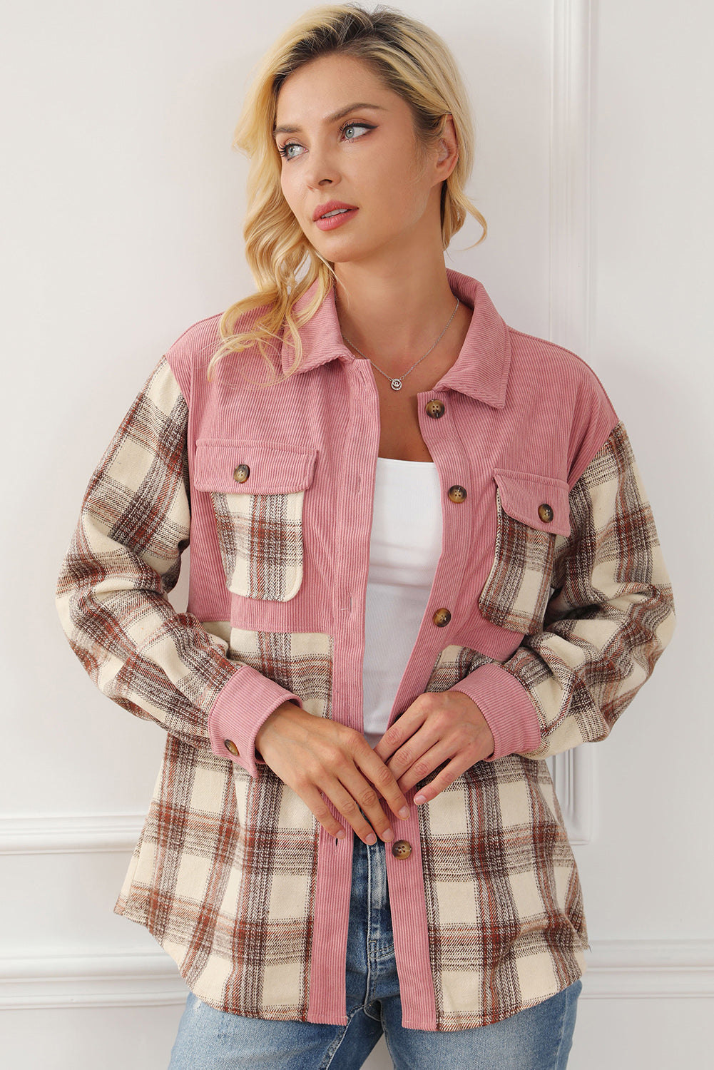 Women's Plaid Button-Up Collared Jacket