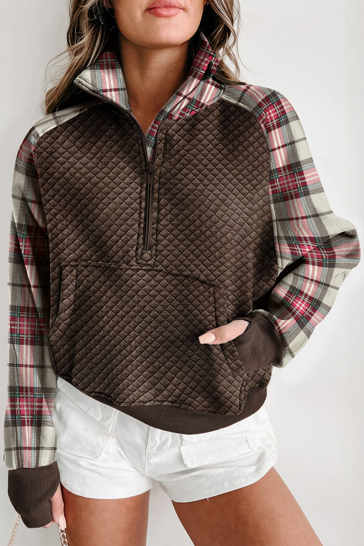 Women's Plaid Half Zip Sweatshirt with Kangaroo Pocket