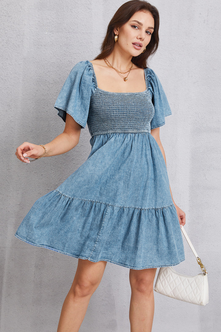 Women's Smocked Square Neck Mini Denim Dress