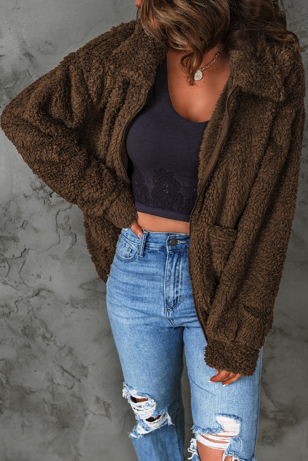 Women's Cozy Teddy Jacket with Zipper Closure and Pockets