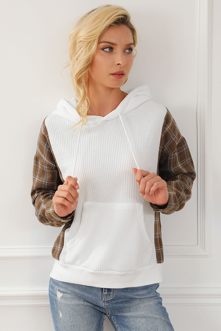 Women's Plaid Waffle-Knit Hoodie with Drawstring and Kangaroo Pocket