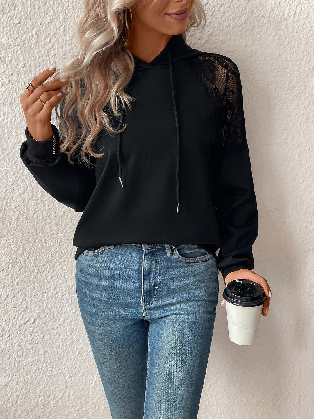 Women's Cozy Lace Accent Long Sleeve Hoodie