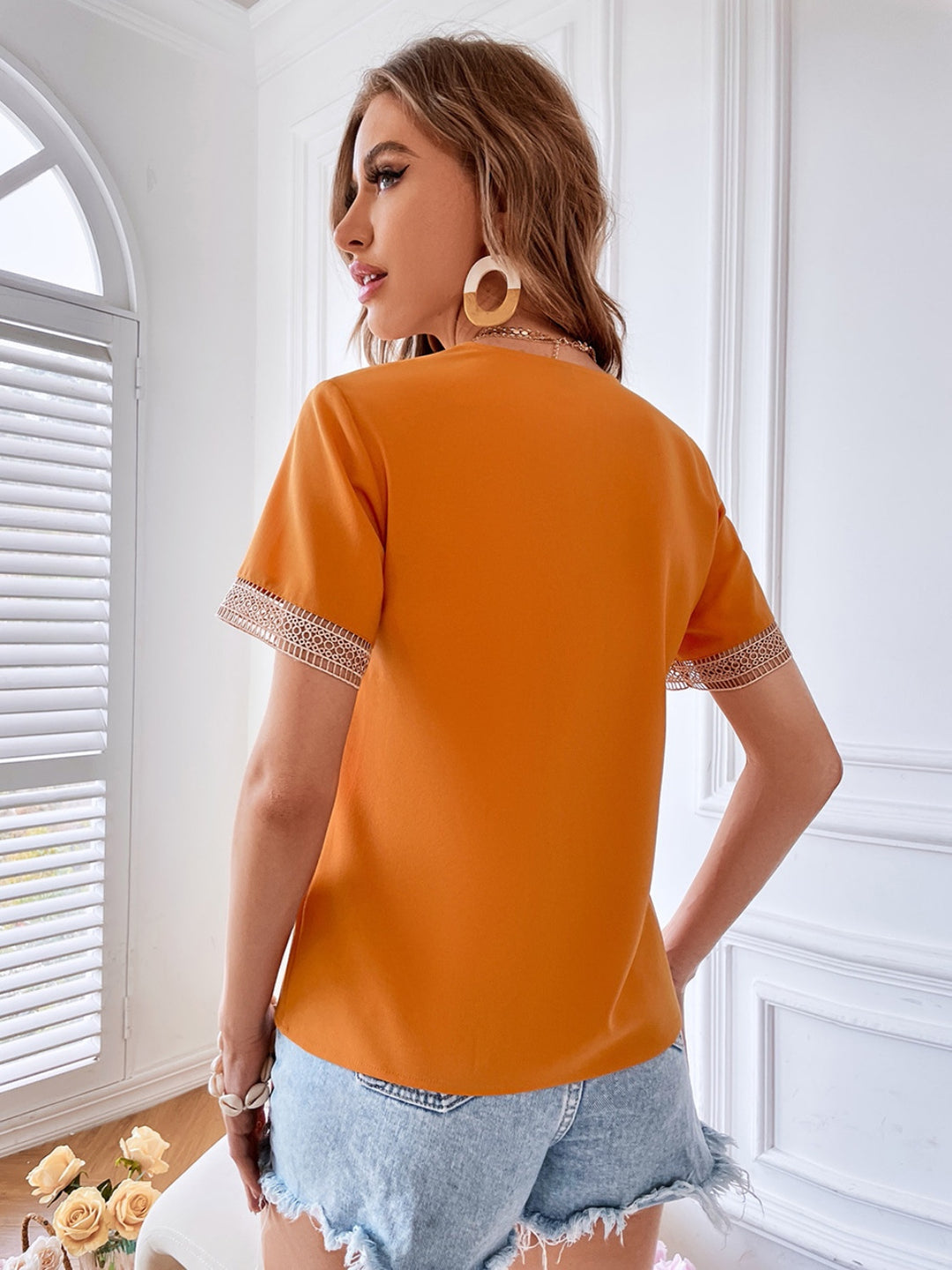 Women's Eyelet V-Neck Short Sleeve Tee