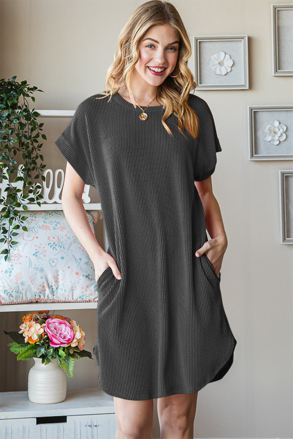 Women's Ribbed Round Neck Short Sleeve Tee Dress