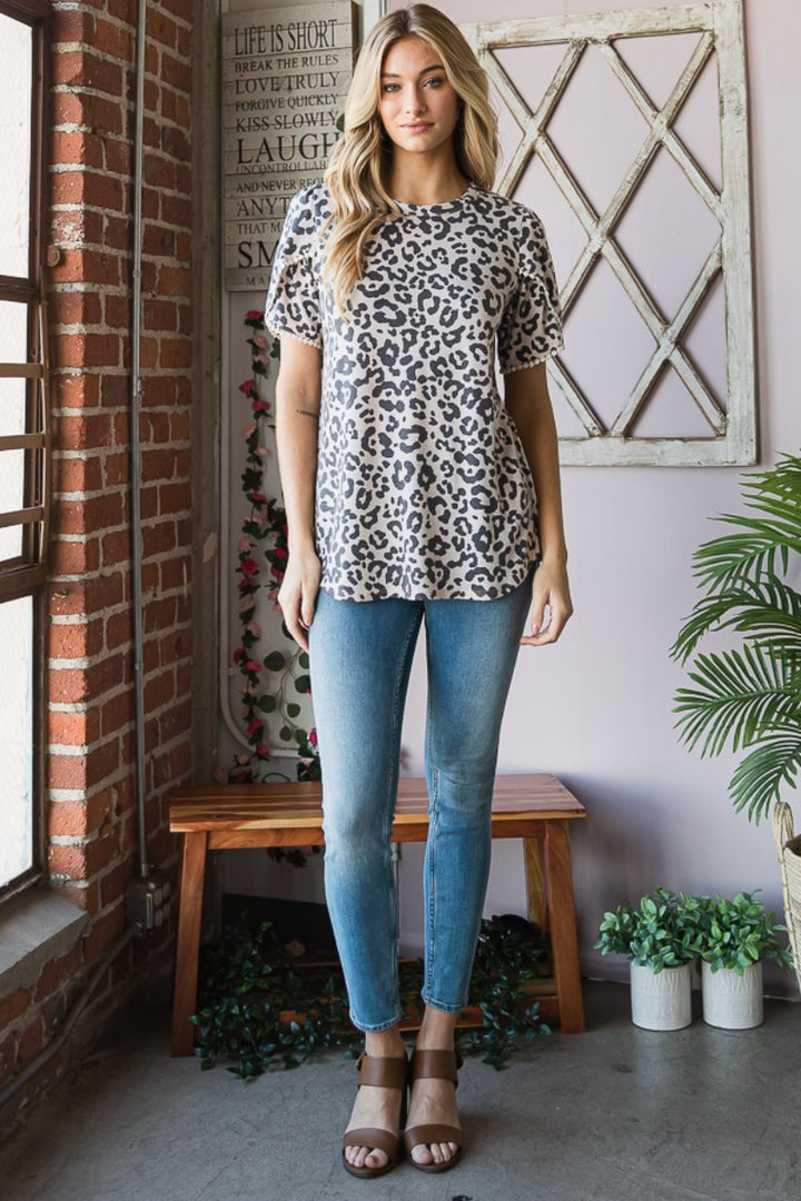 Women's Leopard Print Round Neck Petal Sleeve T-Shirt