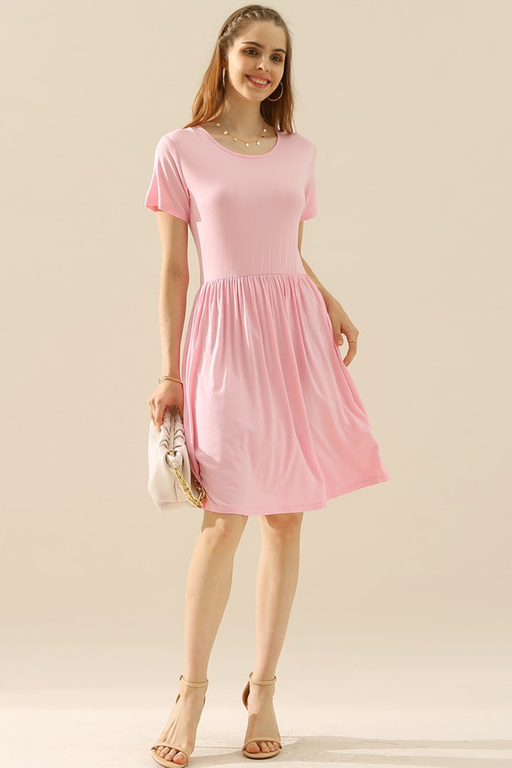 Women's Ruched Round Neck Dress with Pockets