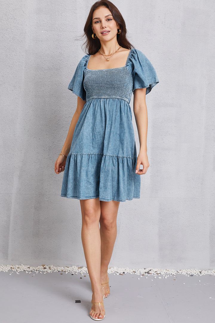 Women's Smocked Square Neck Mini Denim Dress