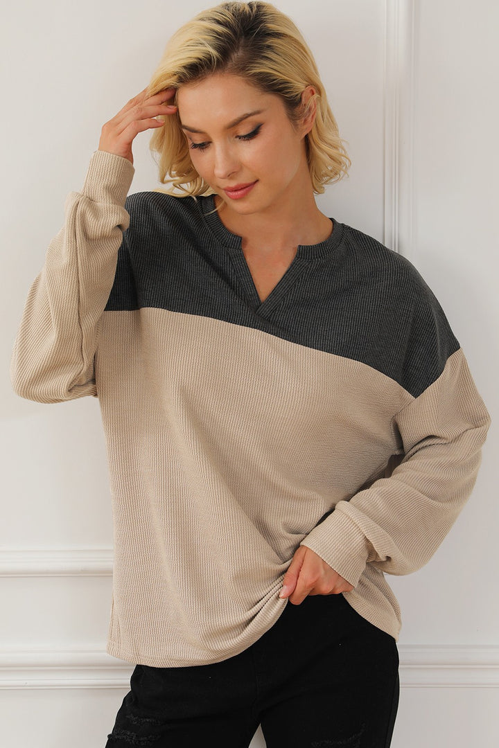 Women's Color Block Notched Long Sleeve Sweatshirt