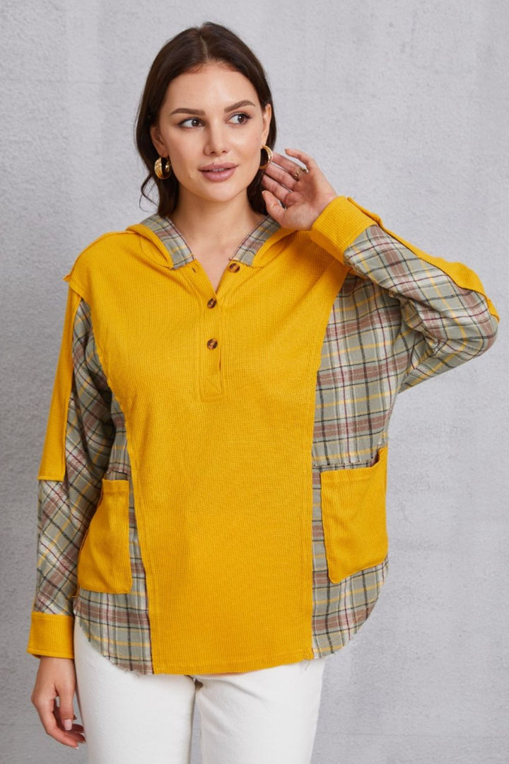 Women's Cozy Plaid Waffle-Knit Half Button Hoodie