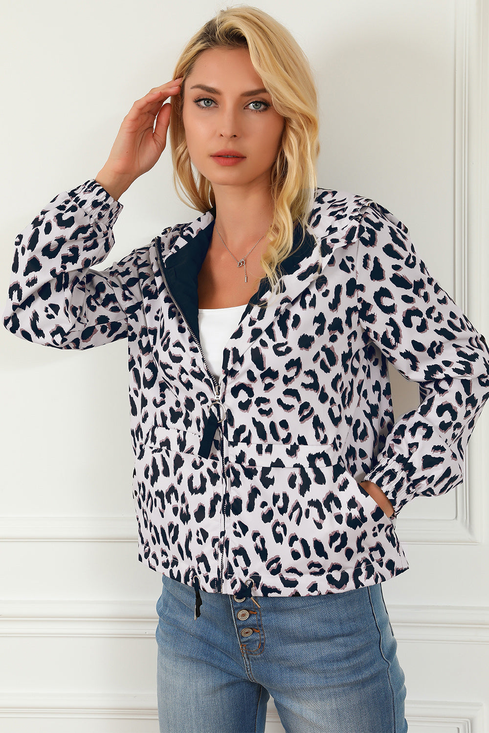 Women's Leopard Print Zip-Up Hooded Jacket