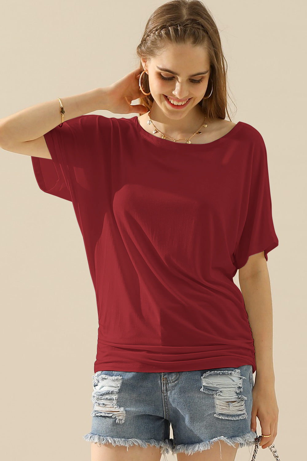 Women's Boat Neck Short Sleeve Ruched Side Top