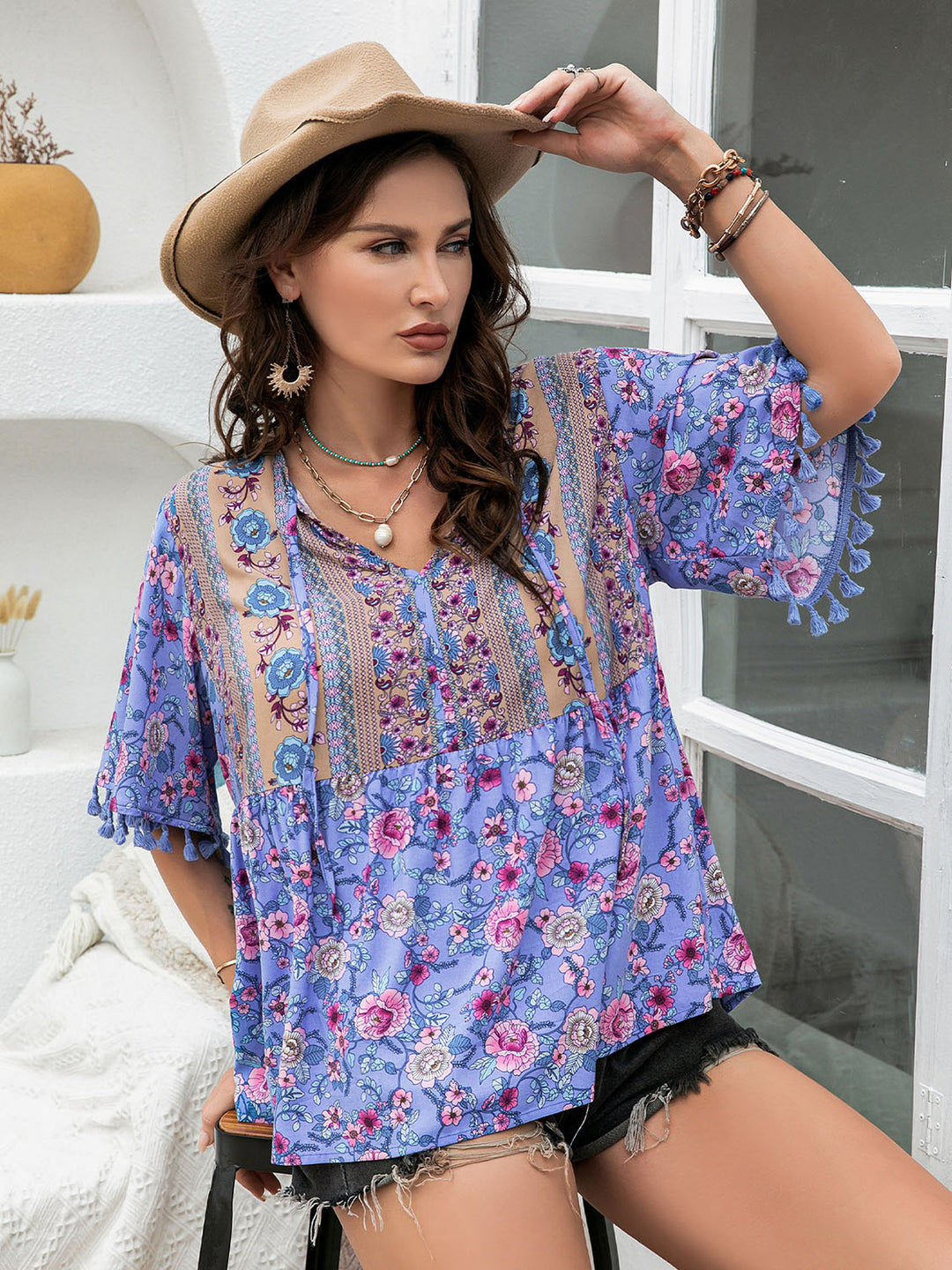 Women's Printed V-Neck Half Sleeve Blouse for Plus Sizes