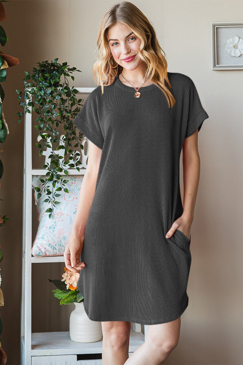 Women's Ribbed Round Neck Short Sleeve Tee Dress