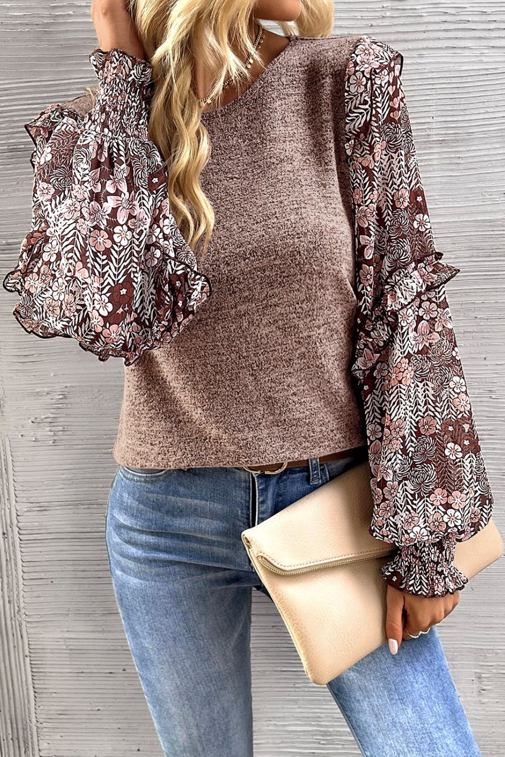 Women's Heathered Floral Frill Lantern Sleeve Blouse